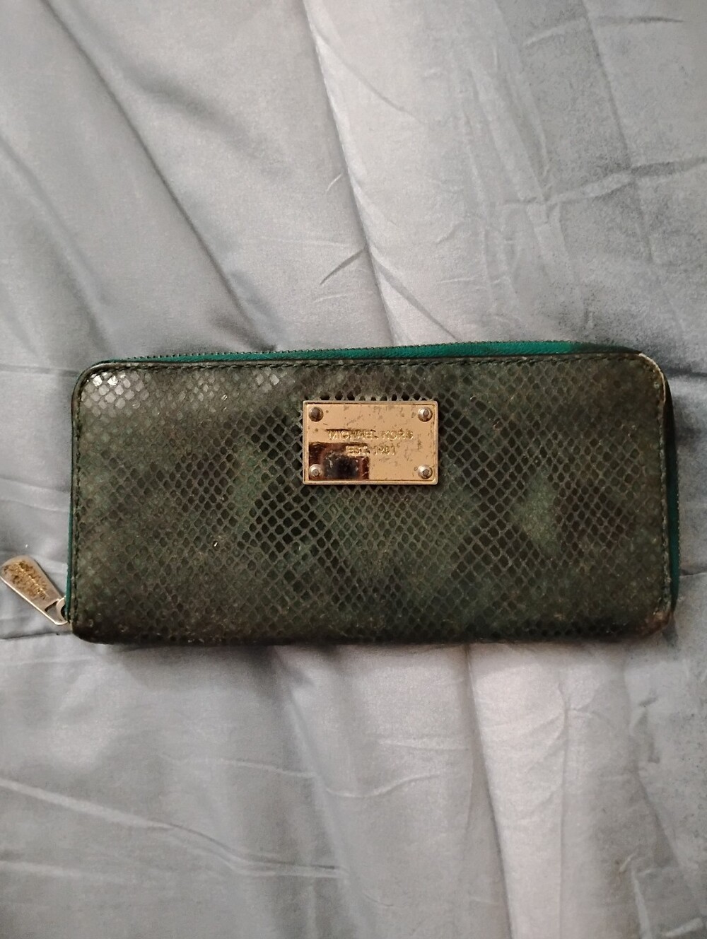 MICHAEL KORS Green Snakeskin Zip Around Wallet